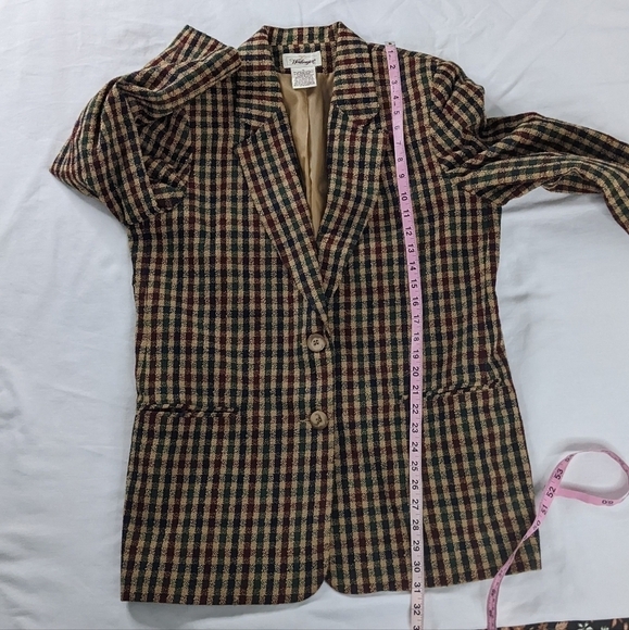 VTG Wool Plaid Tan Green Button Front Blazer Lined Academia Revival 90s - Picture 6 of 7
